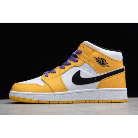 2019 Air Jordan 1 Mid SE "Lakers" White/Yellow-Purple-Black BQ69 - Click Image to Close
