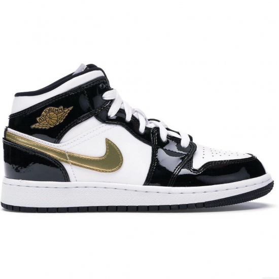 Jordan 1 Mid Patent Black White Gold (GS) - Click Image to Close
