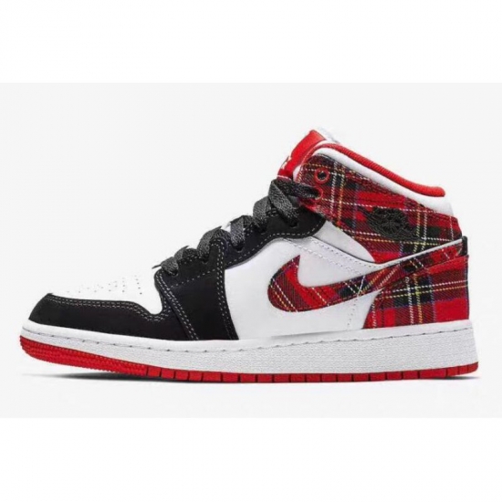 Air Jordan 1 Mid GS "White Plaid" Habanero Red/Black-White 55472 - Click Image to Close